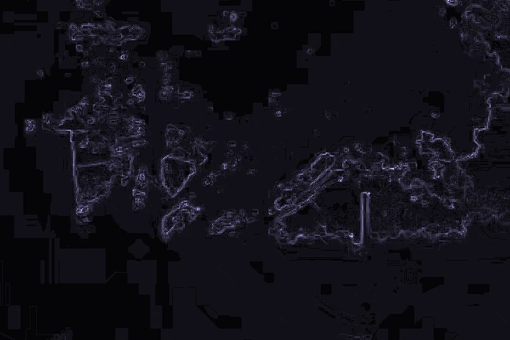 libheif's default decode against Core Image's, amplified: bright outlines along every leaf and branch.